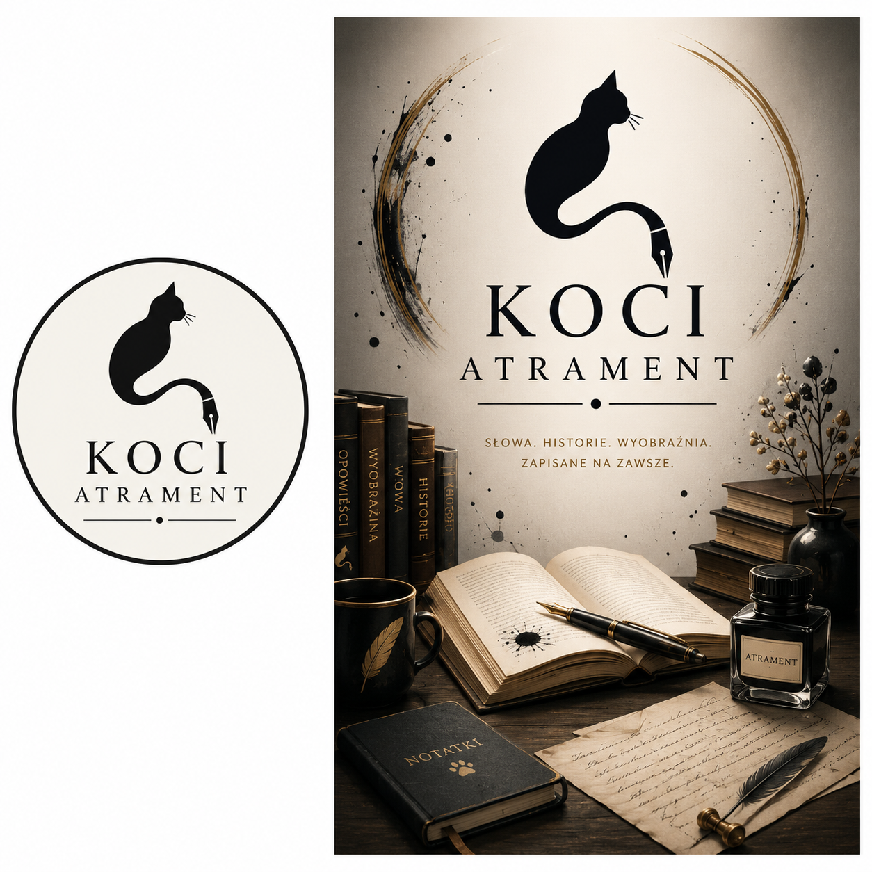 Grafika marki Koci Atrament z książką, piórem i kałamarzem